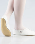 bold white leather gymnastics slippers with sleek rubber detail and sole for confident young dancers