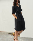 Black Linen Vine Wrap Dress