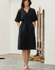 Black Linen Vine Wrap Dress