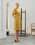 Linen Wrap Dress in Lemon Curry
