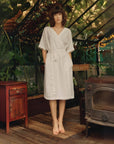 Linen Vine Wrap Dress in Optical White