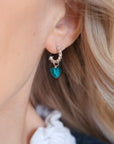 Luxury heart charm hoops, Love Mi Amore teal and sterling silver, interchangeable vintage-style earrings by Lezzeri at brixbailey.com