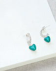 Luxury heart charm hoops, Love Mi Amore teal and sterling silver, stylish interchangeable vintage earrings, best-selling twisted finish jewelry by Lezzeri at brixbailey.com