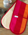 Premium red orange pink striped double oven glove, luxury heat-resistant handcrafted UK kitchen essential by Maison Elhoria at brixbailey.com