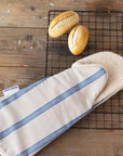 Long oven glove linen blue stripes gauntlet style