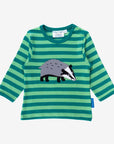 Organic Green Striped Long-Sleeve Kids T-Shirt - Comfortable, Snuggly & Eco-Friendly with Snap Neck Closure by Toby Tiger at brixbailey.com