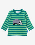 Organic Green Striped Long Sleeve Kids T-Shirt with Snap Button for Easy Dressing - Soft and Cozy Eco-Friendly Cotton by Toby Tiger at brixbailey.com
