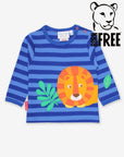 Luxury Organic Cotton Long Sleeve Baby Shirt with Lion Applique and Snap Buttons in Blue and Orange Stripes by Toby Tiger at brixbailey.com