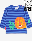 Luxury Long Sleeve Baby Shirt with Lion Applique and Snap Buttons in Blue Stripes and Orange Accents by Toby Tiger at brixbailey.com