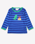 Blue dinosaur long sleeve kids shirt by Bio-Baumwolle with volcano applique in organic cotton at www.brixbailey.com