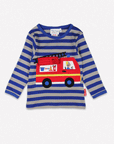 Premium blue-gray striped organic cotton kids long sleeve shirt with interactive red firefighter applique, best-selling sustainable childrens clothing by Toby Tiger at brixbailey.com