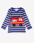 Premium blue-gray striped organic cotton kids long sleeve shirt with interactive red firefighter applique, best-selling sustainable childrens clothing by Toby Tiger at brixbailey.com