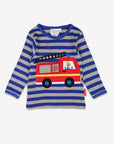 Premium blue-gray striped organic cotton kids long sleeve shirt with interactive firefighter applique, best-selling sustainable childrens clothing by Toby Tiger at brixbailey.com