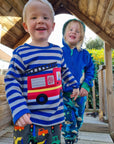 Premium blue-gray striped organic cotton kids long sleeve shirt with interactive red firefighter applique, best-selling sustainable childrens clothing by Toby Tiger at brixbailey.com