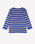 Premium blue-gray striped organic cotton kids long sleeve shirt with interactive red firefighter applique, best-selling sustainable childrens clothing by Toby Tiger at brixbailey.com