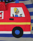 Premium blue-gray striped organic cotton kids long sleeve shirt with interactive red firefighter applique, best-selling sustainable childrens clothing by Toby Tiger at brixbailey.com