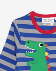 Premium organic cotton long sleeve shirt with T-Rex dinosaur applique, rainbow spikes, soft striped design, comfortable baby clothing by Toby Tiger at brixbailey.com