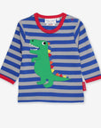 Premium organic cotton long sleeve shirt with T-Rex dinosaur applique, soft striped kids top with rainbow spikes and snap buttons by Toby Tiger at brixbailey.com