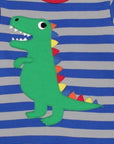Premium organic cotton long sleeve shirt with T-Rex dinosaur applique, rainbow spikes, soft striped design, comfortable baby kids clothing by Toby Tiger at brixbailey.com