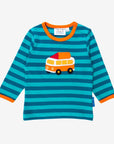 Organic cotton long sleeve kids t-shirt with camper embroidery, premium soft striped green design, orange trim, GOTS certified, stylish and comfortable by Toby Tiger at brixbailey.com