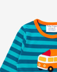 Organic cotton kids camper t-shirt with embroidered applique, stylish green stripes, orange trim, premium soft fabric, GOTS certified, best-selling by Toby Tiger at brixbailey.com