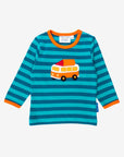 Premium organic cotton kids camper t-shirt with embroidered applique, striped green design, orange trim, soft GOTS-certified fabric by Toby Tiger at brixbailey.com