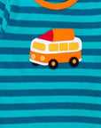 Premium organic cotton kids camper t-shirt, stylish green stripes, embroidered applique, orange trim, soft GOTS-certified fabric, snap neck for toddlers by Toby Tiger at brixbailey.com