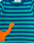 Friendly Dinosaur Striped Long Sleeve Organic Cotton T-Shirt with Embroidered Applique, Soft and Stylish for Kids by Toby Tiger at brixbailey.com