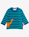 Friendly Dinosaur Striped Long Sleeve Organic Cotton T-Shirt with Embroidered Applique, Soft and Stylish Kids Apparel by Toby Tiger at brixbailey.com