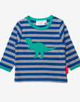 Premium organic cotton kids long sleeve T-shirt with embroidered T-Rex applique, stylish dinosaur design, soft GOTS certified fabric, snap neck for easy dressing by Toby Tiger at brixbailey.com