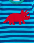 Premium organic cotton long sleeve shirt with embroidered Triceratops applique, stylish stripes, colorful trim, snap neck for easy dressing by Toby Tiger at brixbailey.com