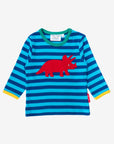 Premium organic cotton long sleeve shirt with embroidered triceratops, stylish stripes, colorful trim, snap neck, soft GOTS certified fabric by Toby Tiger at brixbailey.com