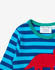 Premium organic cotton long sleeve shirt with embroidered Triceratops applique, stylish stripes, snap buttons, soft GOTS certified fabric by Toby Tiger at brixbailey.com