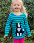 Premium Organic Kids Long Sleeve T-Shirt with Shepherd Dog Applique and Striped Design by Toby Tiger at brixbailey.com