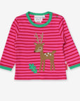 Sweet Deer Fawn with Oak Leaf and Mushroom Print Long Sleeve Baby Shirt in Soft Organic Cotton, Pink and Green Stripes by Toby Tiger at brixbailey.com