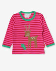 Sweet Deer Fawn with Oak Leaf and Mushroom Print Organic Cotton Long-Sleeve Baby Shirt in Pink and Green Stripes by Toby Tiger at brixbailey.com