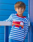 Premium baby long sleeve shirt with fire truck applique, blue and white stripes, red trim, easy-change shoulder snaps, organic cotton by Toby Tiger at brixbailey.com