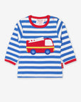 Premium baby long sleeve shirt with fire truck applique, blue and white striped, red trim, snap buttons for easy dressing by Toby Tiger at brixbailey.com
