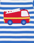 Premium baby long sleeve shirt with fire truck applique, blue and white stripes, red trim, snap buttons for easy dressing by Toby Tiger at brixbailey.com