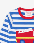 Premium baby long sleeve shirt with fire truck applique, blue and white stripes, red trim, snap buttons for easy dressing, organic cotton by Toby Tiger at brixbailey.com