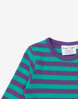Premium organic cotton long sleeve kids shirt with hedgehog embroidery, soft GOTS certified fabric, stylish green and purple stripes by Toby Tiger at brixbailey.com