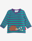 Premium organic cotton long sleeve kids shirt with embroidered hedgehog applique, soft eco-friendly stripes, snap neck buttons by Toby Tiger at brixbailey.com