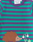 Premium organic cotton long sleeve kids shirt with embroidered hedgehog applique, soft eco-friendly striped design, snap neck for easy dressing by Toby Tiger at brixbailey.com