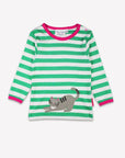Adorable Green and White Striped Organic Cotton Long Sleeve Kids Shirt with Playful Cat and Mouse Applique by Toby Tiger at brixbailey.com