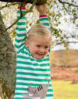Adorable Green and White Striped Organic Cotton Long Sleeve Kids Shirt with Cat and Mouse Applique by Toby Tiger at brixbailey.com