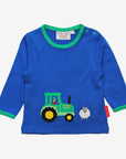Funny Farm Story Long Sleeve Organic Cotton Kids T-Shirt with Tractor and Sheep Applique, Soft Sky Blue and Green Trim by Toby Tiger at brixbailey.com
