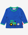 Funny Long-Sleeve Organic Cotton T-Shirt with Farm Tractor and Sheep Design for Kids, Soft Sky Blue with Green Trim by Toby Tiger at brixbailey.com