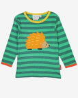 Premium green striped long sleeve kids shirt with yellow orange trim and hedgehog applique, organic cotton, stylish and comfortable by Toby Tiger at brixbailey.com