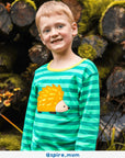 Premium green striped long sleeve kids shirt with yellow orange trim, hedgehog applique, organic cotton, Toby Tiger by Toby Tiger at brixbailey.com