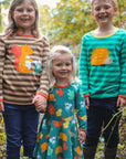 Premium green striped long sleeve kids shirt with yellow orange trim and hedgehog applique, organic cotton, stylish and eco-friendly by Toby Tiger at brixbailey.com
